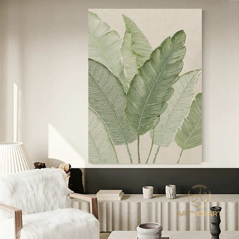 Large Green Leaf Textured Painting on Canvas Green Minimalist Wall Art Leaf Landscape Painting Green Minimalist Painting Boho Wall Art Decor