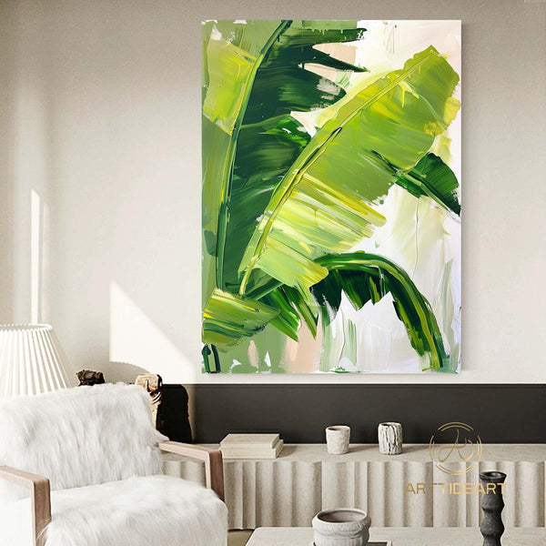 Modern Banana Leaf Canvas Oil Painting, 100% hand-painted custom artwork, landscape botanical paintings, living room wall decor fashionable