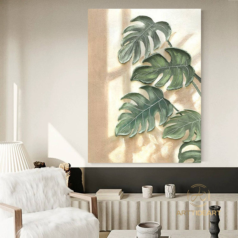  Organic-Style Tree Leaf Painting 3D Textured Art Banana Leaf Botanical Wall Art Abstract Painting Beige Green Original Plants Painting