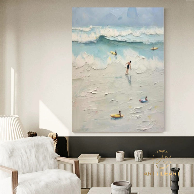 Textured Surf Wall Art Beach Swimming Art Framed Blue Beach Abstract Painting Summer Sea Wall Art Large Beach Landscape Painting Home Decor