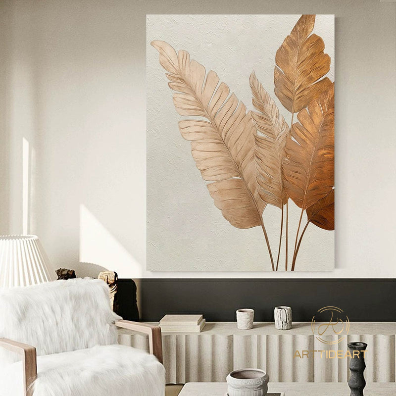 Original Palm Tree Leaf Painting Botanical Textured Art Brown Banana Leaves Gold Leaf Painting Acrylic Painting on Canvas Framed Wall Art