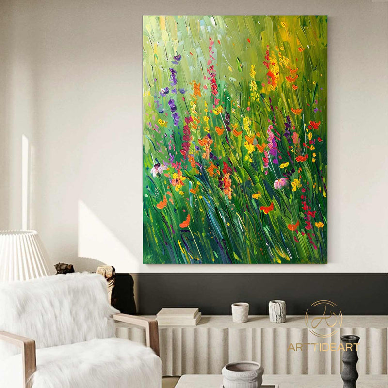 Original Green Flower Oil Textured Painting on Canvas Abstract Floral Wall Art Boho Wall Art Green Floral Painting Living Room Wall Decor