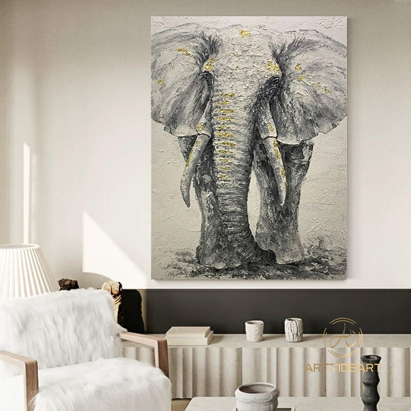 Elephant Original Painting Texture on Canvas, Wabi Sabi Framed Wall Art, POP Art Livingroom Bedroom Decor, Animal Elephant Art Gift For Her