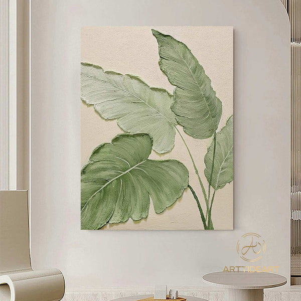 Original Green Leaf Painting Green Acrylic Canvas Framed Wall Art Hand Painted Leaf Landscape Oil Painting Living Room Home Wall Art Decor