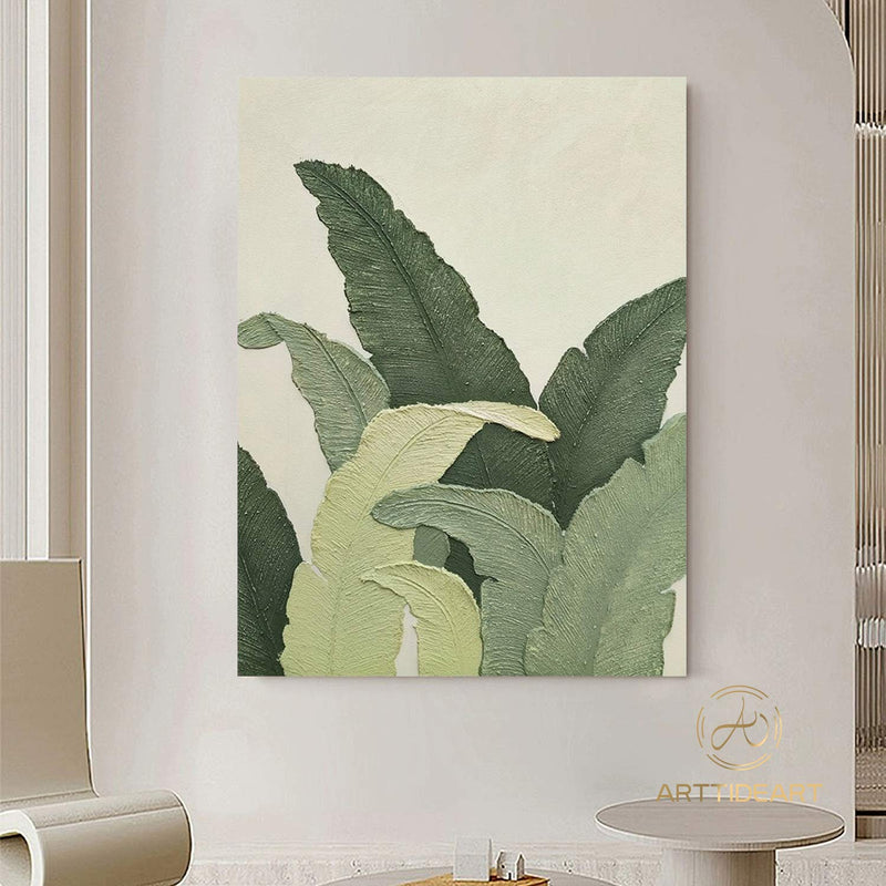 Large Nordic Green Beige abstract wall Green 3D texture painting abstract leaf painting modern living room abstract painting Minimalist Art