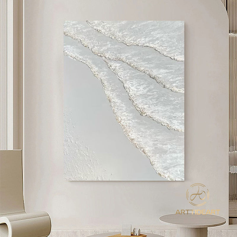 White ocean wave textured painting,sea beach painting,white textured abstract painting,white ocean painting,ocean wave landscape painting