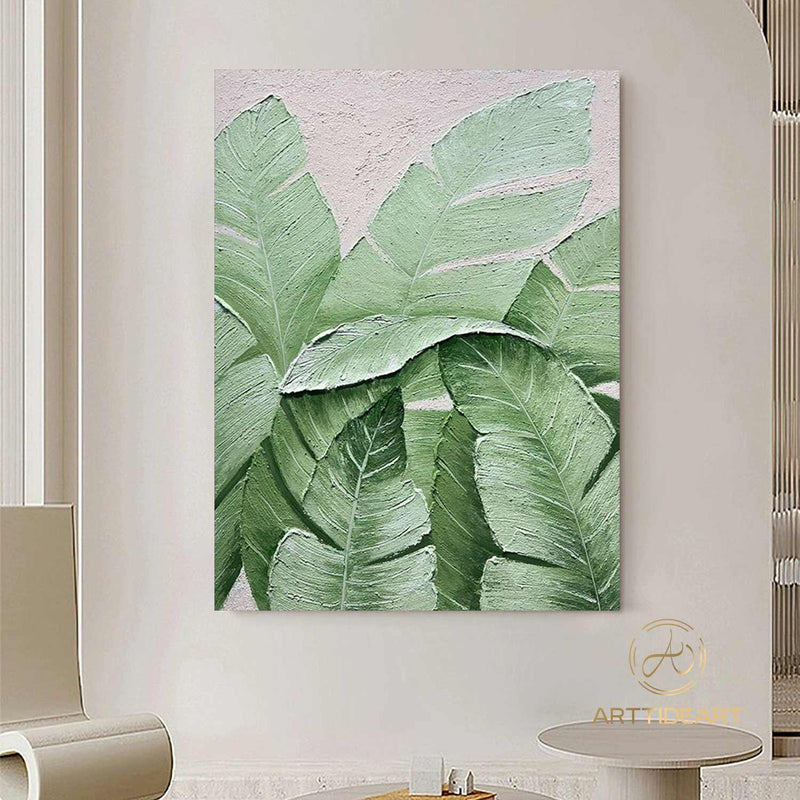 Large Nordic Green Beige abstract wall Green 3D texture painting abstract leaf painting modern living room abstract painting Minimalist Art