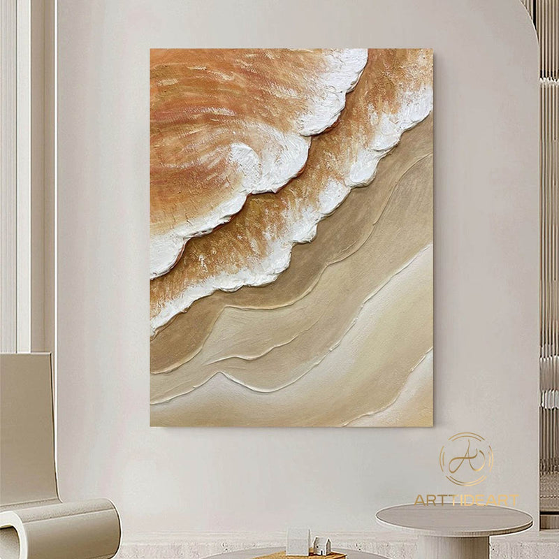 3D Minimalist Ocean Waves Art Painting Beige Texture Wall Art Heavy Texture Painting Wabi-Sabi Wall Art Neutral Wall Art Texture Wall Art