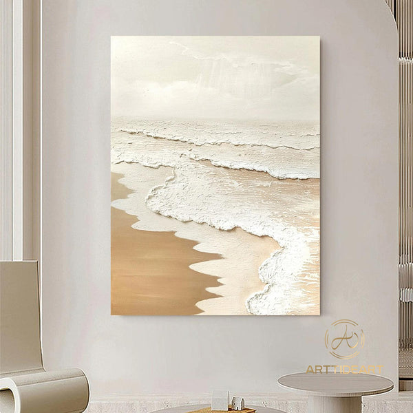 Beach Ocean Waves Abstract Painting Wabi Sabi Wall Art 3D Beige Minimalist Painting Ocean Wave Painting on Canvas Textured Wall Art