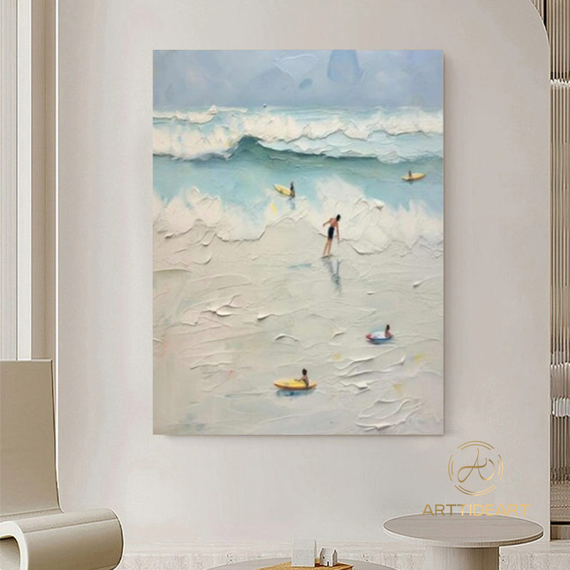 Textured Surf Wall Art Beach Swimming Art Framed Blue Beach Abstract Painting Summer Sea Wall Art Large Beach Landscape Painting Home Decor