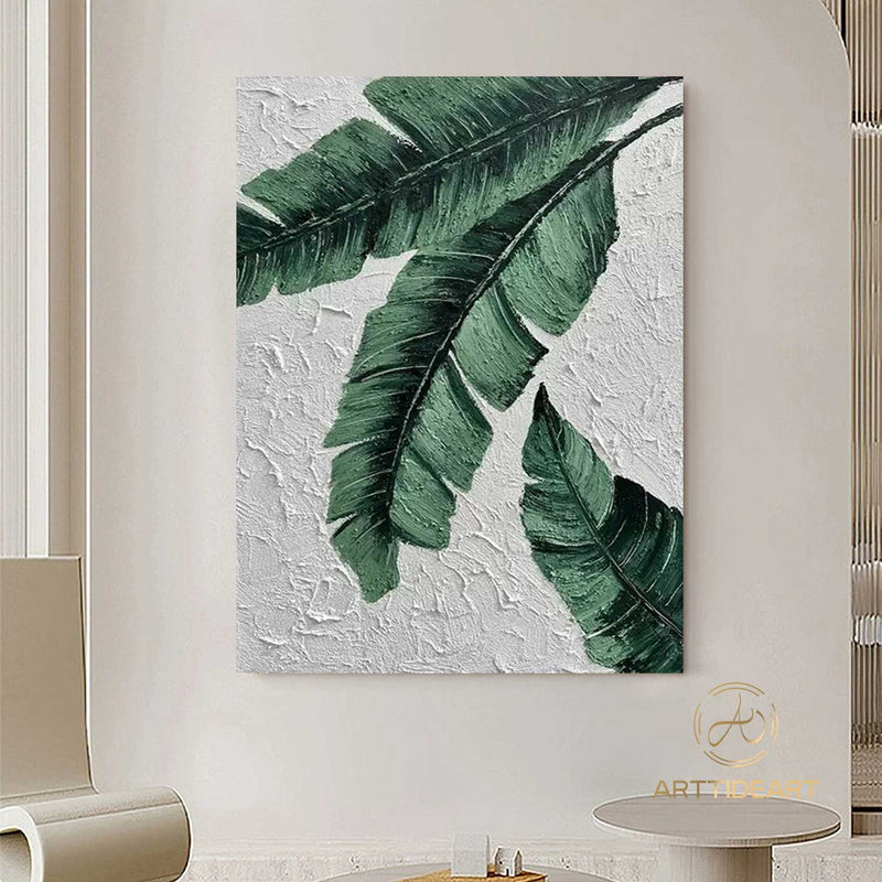 Tropical Green Leaves, 100% Handmade, Tropical Botanical, Leaf, Textured Painting, Acrylic Abstract Oil Painting, Wall Decor Living Room