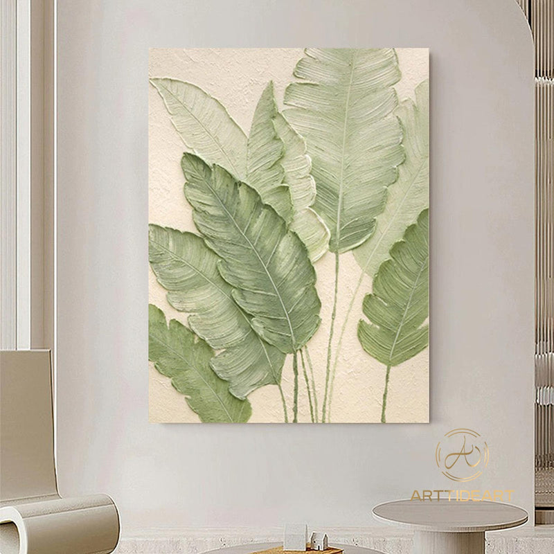 Organic-Style Tree Leaf Painting 3D Textured Art Banana Leaf Botanical Wall Art Abstract Painting Beige Green Original Plants Painting