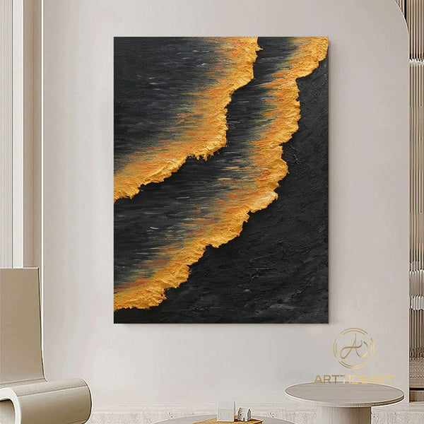 Wabi-Sabi Wall Art Large Ocean Waves Abstract Painting Black Orange Painting Heavy Texture Painting Hand-painted Abstract Art