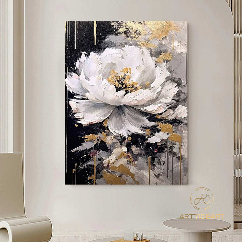 Abstract White Flower Oil Painting on Canvas, Large Wall Art, Original Floral Painting,Minimalist Art,Custom Painting,Living Room Decor Gift