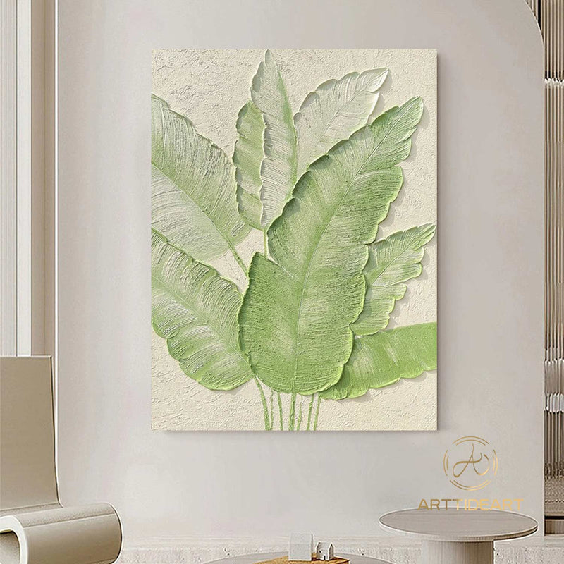 Large Nordic Green Beige abstract wall Green 3D texture painting abstract leaf painting modern living room abstract painting Minimalist Art