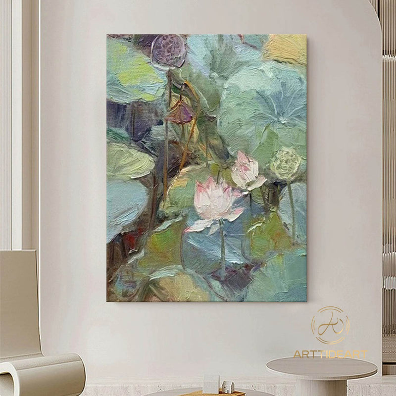 Original Pink Lotus Floral Painting on Canvas Calming Painting Abstract Lotus Zen Art Green Lotus Leaf Art Living Room Wall Art Summer Decor