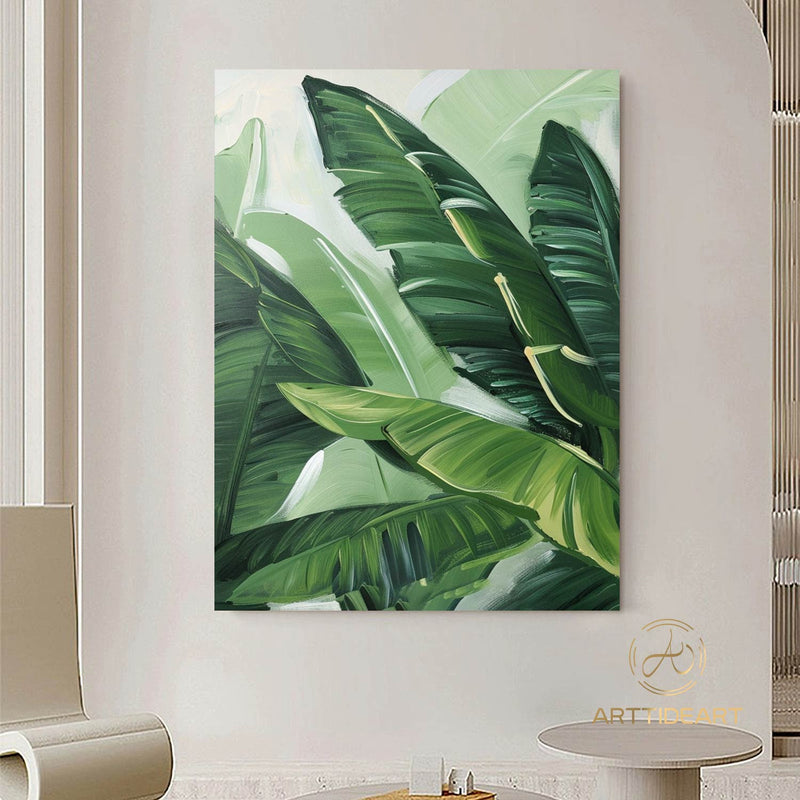 Modern Banana Leaf Canvas Oil Painting, 100% hand-painted custom artwork, landscape botanical paintings, living room wall decor fashionable