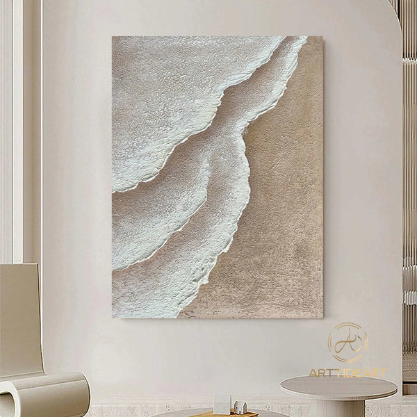 3D Minimalist Ocean Painting on Canvas Textured Wall Art Earth Tone Waves Art Wabi-Sabi Wall Art Living Room Painting Fashion Room Decor