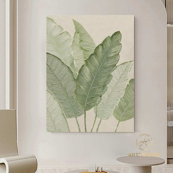 Large Green Leaf Textured Painting on Canvas Green Minimalist Wall Art Leaf Landscape Painting Green Minimalist Painting Boho Wall Art Decor