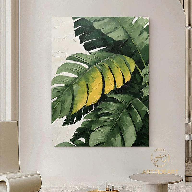 Large 3D Green abstract leaf painting,Gold texture painting, Original Green Banana Leave Oil Painting,Plant Art,Modern Living Room Decor