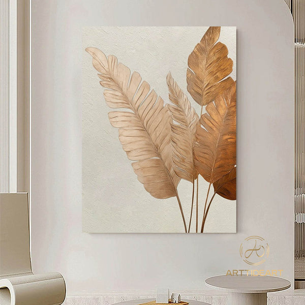 Original Palm Tree Leaf Painting Botanical Textured Art Brown Banana Leaves Gold Leaf Painting Acrylic Painting on Canvas Framed Wall Art