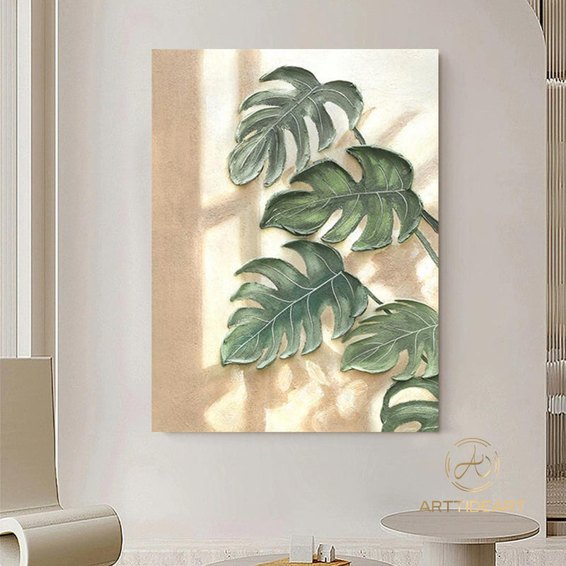  Organic-Style Tree Leaf Painting 3D Textured Art Banana Leaf Botanical Wall Art Abstract Painting Beige Green Original Plants Painting