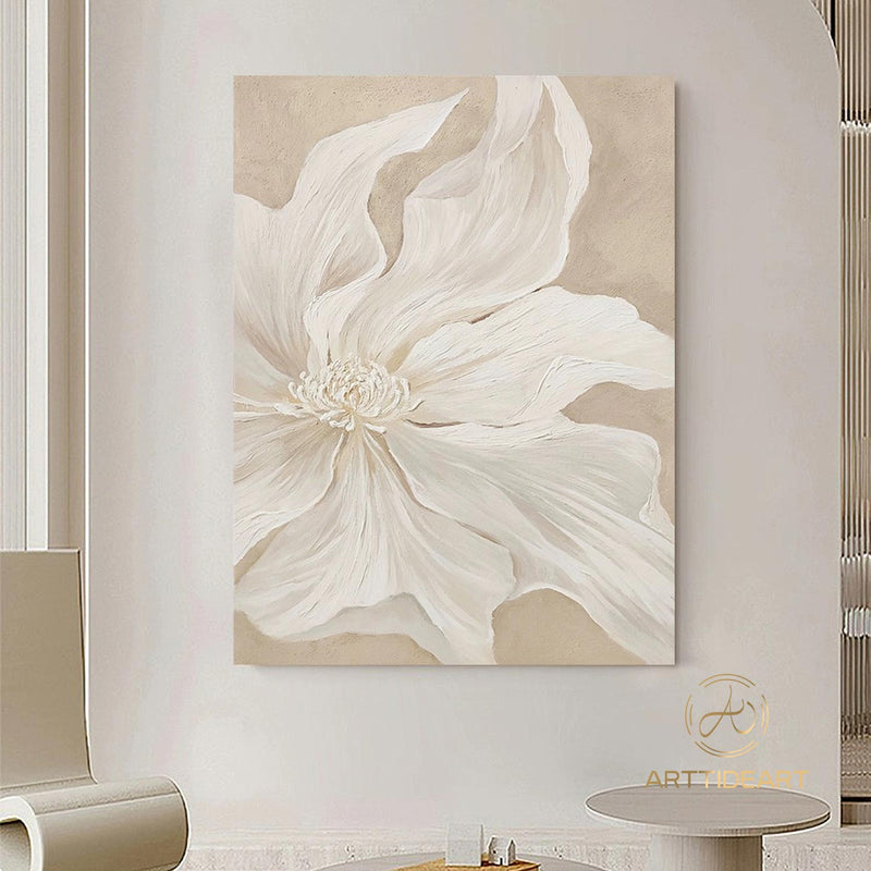 Original White Flower Oil Painting on Canvas,Large Wall Art,Abstract Floral Painting,Minimalist Art,Custom Painting,Living Room Decor Gift