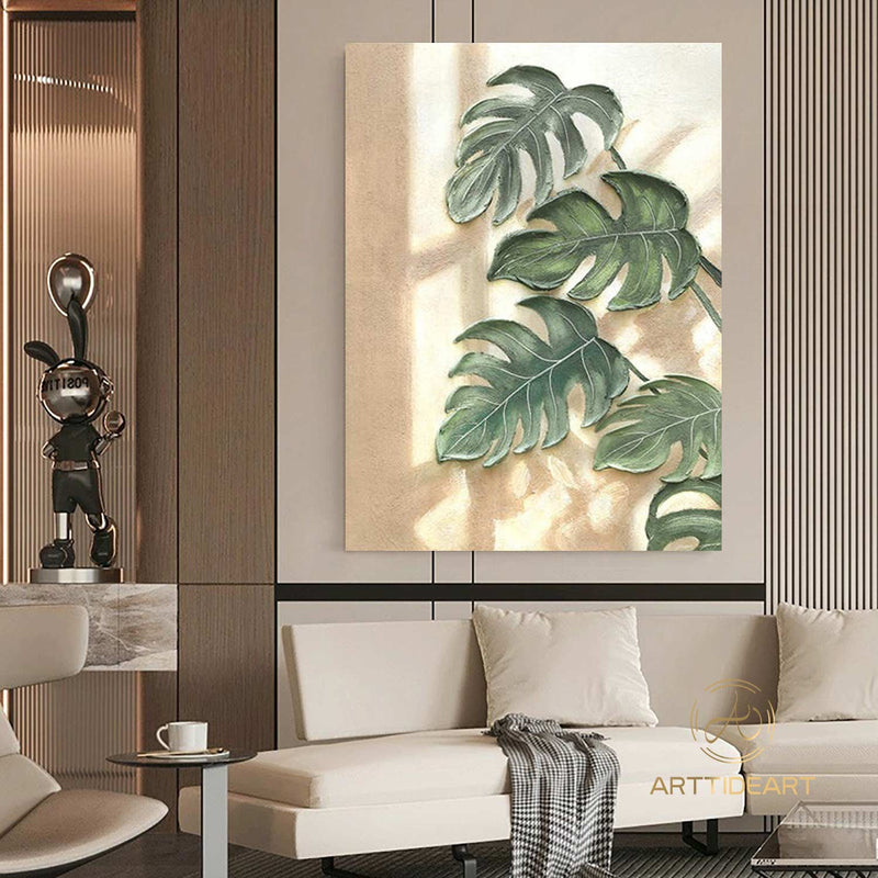  Organic-Style Tree Leaf Painting 3D Textured Art Banana Leaf Botanical Wall Art Abstract Painting Beige Green Original Plants Painting