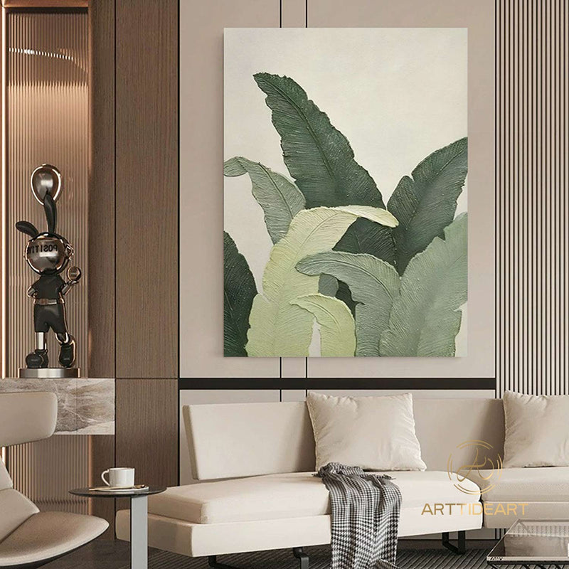 Large green leaves wall art, floater frame botanical artwork, banana leaf canvas print, Original Abstract Banana Leaves Wall Art Painting, living room artwork