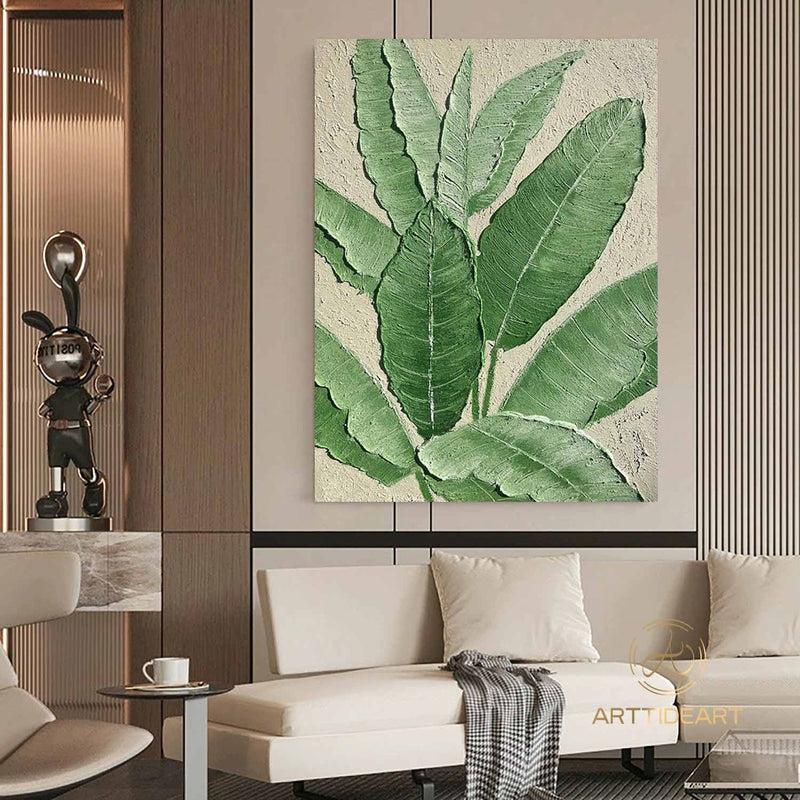 3D Minimalist Wabi Sabi Green Leaves Painting on Canvas Modern Minimalist Textured Wall Art Neutral Home Decor Large Living Room