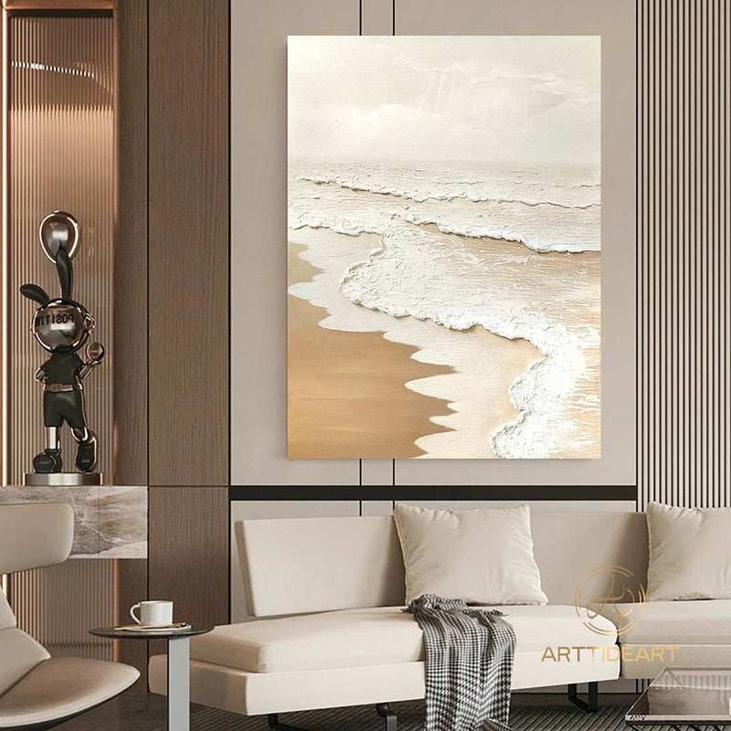 Beach Ocean Waves Abstract Painting Wabi Sabi Wall Art 3D Beige Minimalist Painting Ocean Wave Painting on Canvas Textured Wall Art