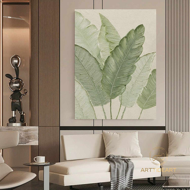 Large Green Leaf Textured Painting on Canvas Green Minimalist Wall Art Leaf Landscape Painting Green Minimalist Painting Boho Wall Art Decor