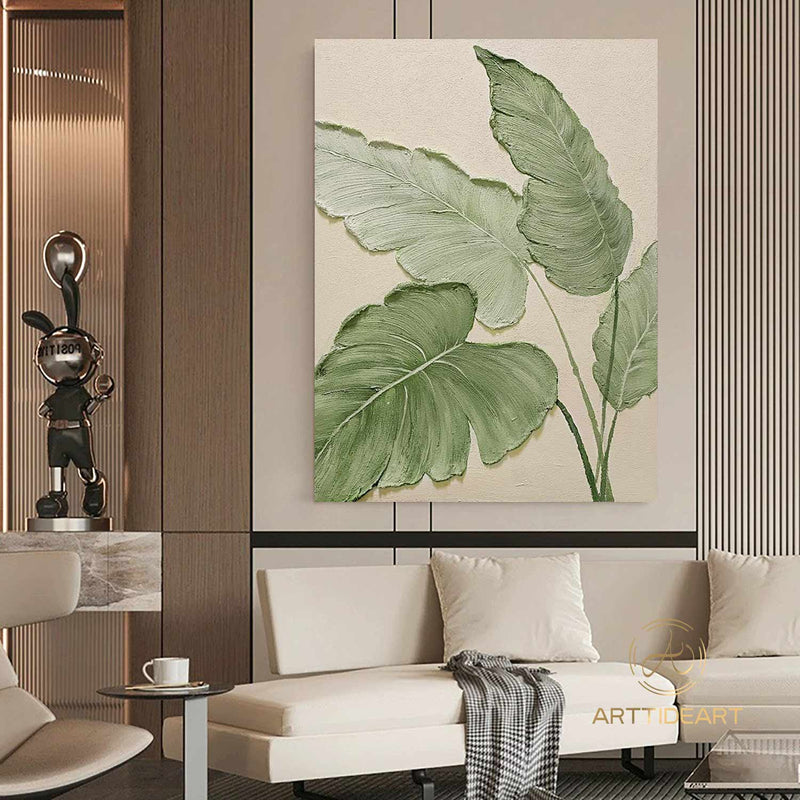 Original Green Leaf Painting Green Acrylic Canvas Framed Wall Art Hand Painted Leaf Landscape Oil Painting Living Room Home Wall Art Decor