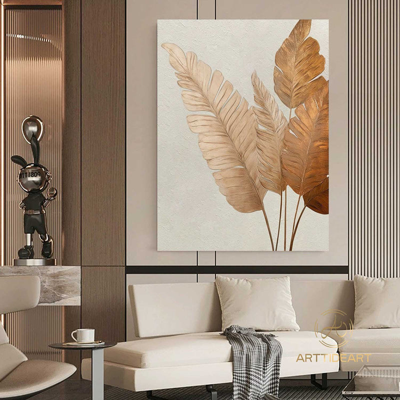 Original Palm Tree Leaf Painting Botanical Textured Art Brown Banana Leaves Gold Leaf Painting Acrylic Painting on Canvas Framed Wall Art