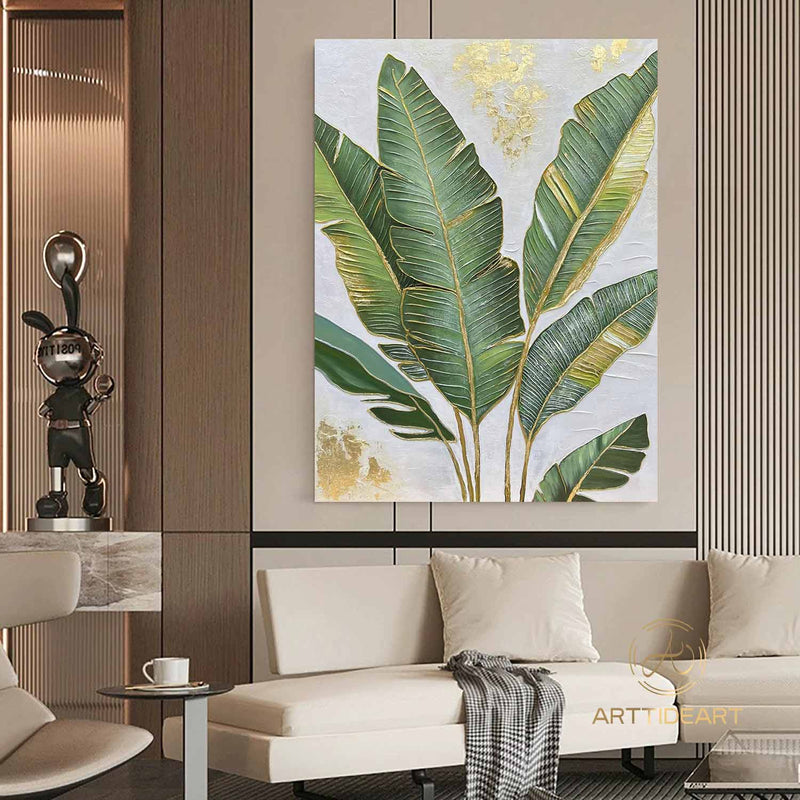 Large 3D Green abstract leaf painting,Gold texture painting, Original Green Banana Leave Oil Painting,Plant Art,Modern Living Room Decor