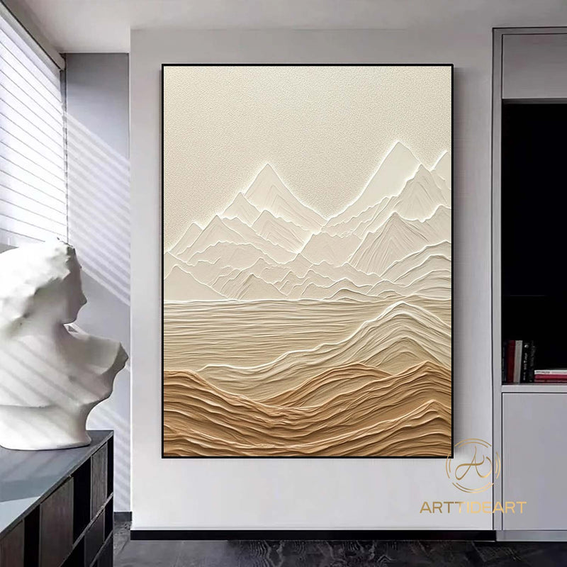 Original Abstract Mountain Landscape Texture Painting Beige Texture Knife Art White Snow Mountain Wall Art Modern Living Room Wall Art Decor