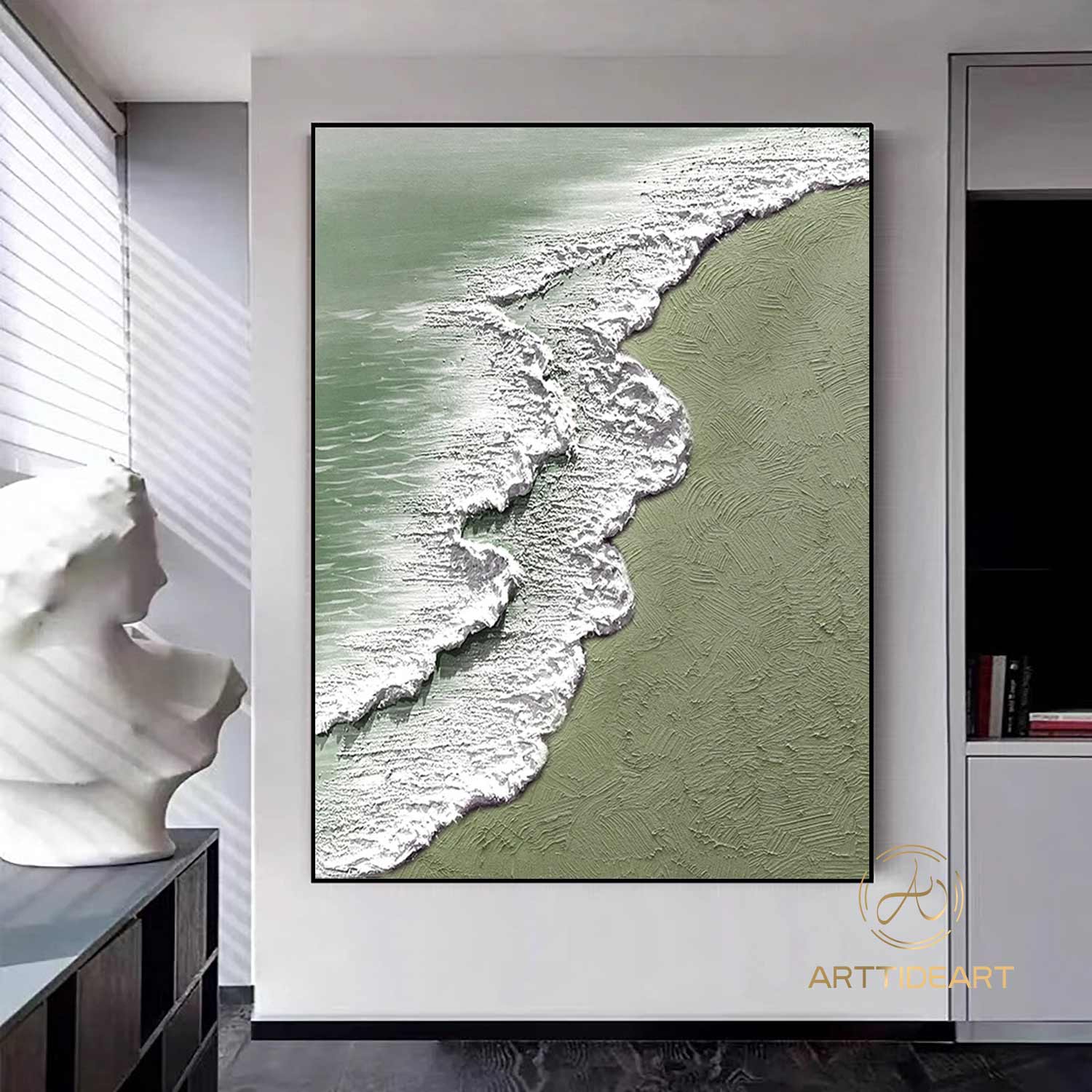 Green 3D Textured Sea Art White Waves Wabi-Sabi Minimalist Canvas Texture Art Beach Painting Mural Ocean Wave Canvas Wabi-Sabi Wall Art