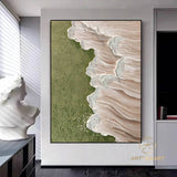 Modern Abstract Wave Paintings Textured Beige Canvas Art Green Beach Wall Art Ocean Wave Art Coastal Seascape Paintings Contemporary Art