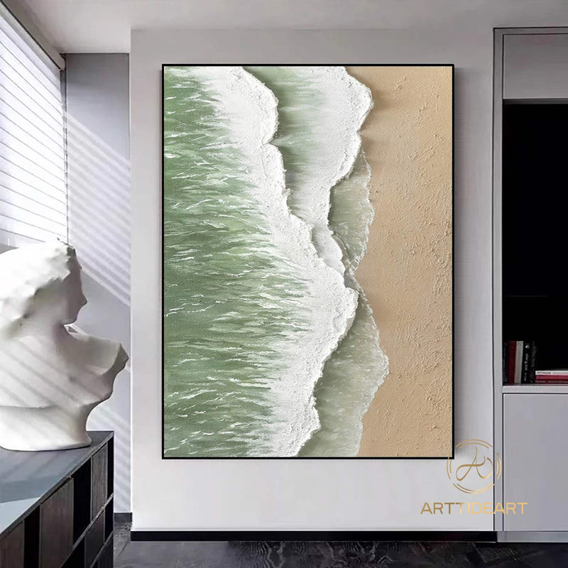 Large Green Coastal Wall Decor Abstract Green Beach Painting Acrylic Framed Ocean Wave Canvas Painting 3D Texture Abstract Beach Canvas Art