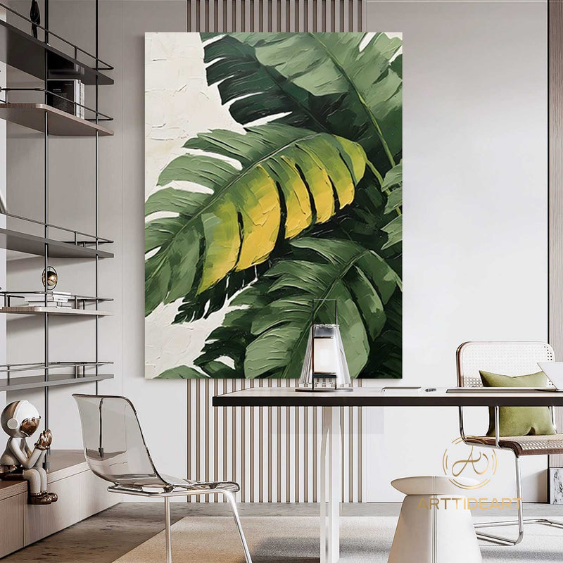 Large 3D Green abstract leaf painting,Gold texture painting, Original Green Banana Leave Oil Painting,Plant Art,Modern Living Room Decor