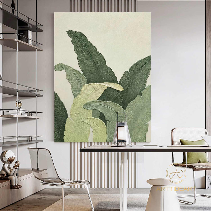 Large Nordic Green Beige abstract wall Green 3D texture painting abstract leaf painting modern living room abstract painting Minimalist Art