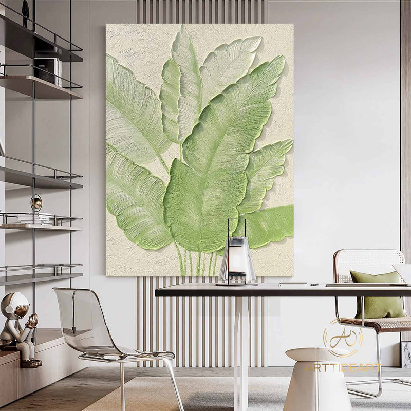 Large Nordic Green Beige abstract wall Green 3D texture painting abstract leaf painting modern living room abstract painting Minimalist Art