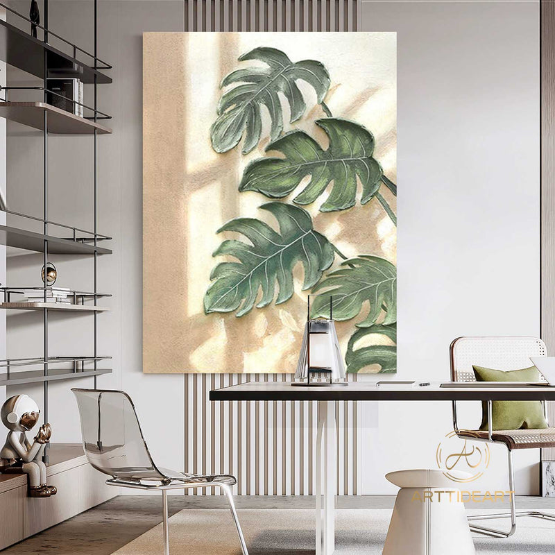  Organic-Style Tree Leaf Painting 3D Textured Art Banana Leaf Botanical Wall Art Abstract Painting Beige Green Original Plants Painting