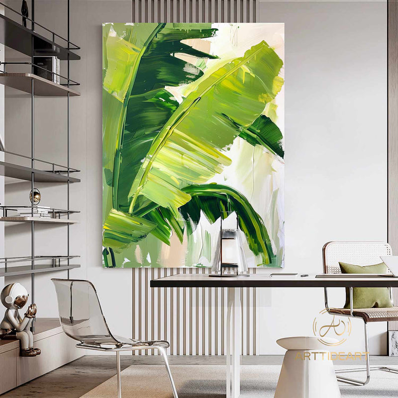 Modern Banana Leaf Canvas Oil Painting, 100% hand-painted custom artwork, landscape botanical paintings, living room wall decor fashionable