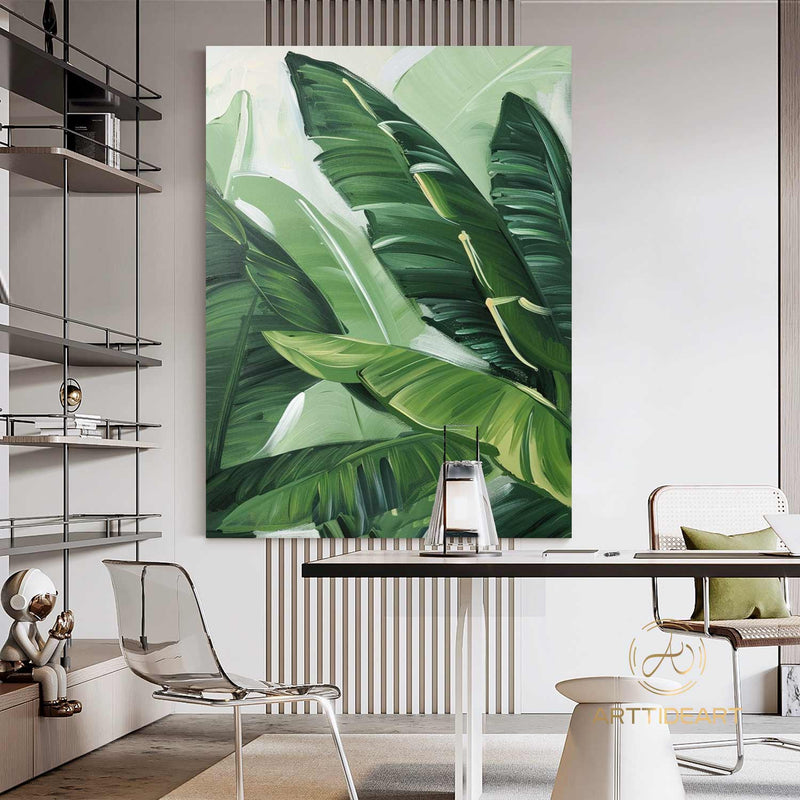 Modern Banana Leaf Canvas Oil Painting, 100% hand-painted custom artwork, landscape botanical paintings, living room wall decor fashionable