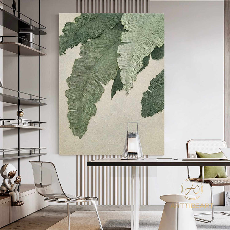 Large Nordic Green Beige abstract wall Green 3D texture painting abstract leaf painting modern living room abstract painting Minimalist Art