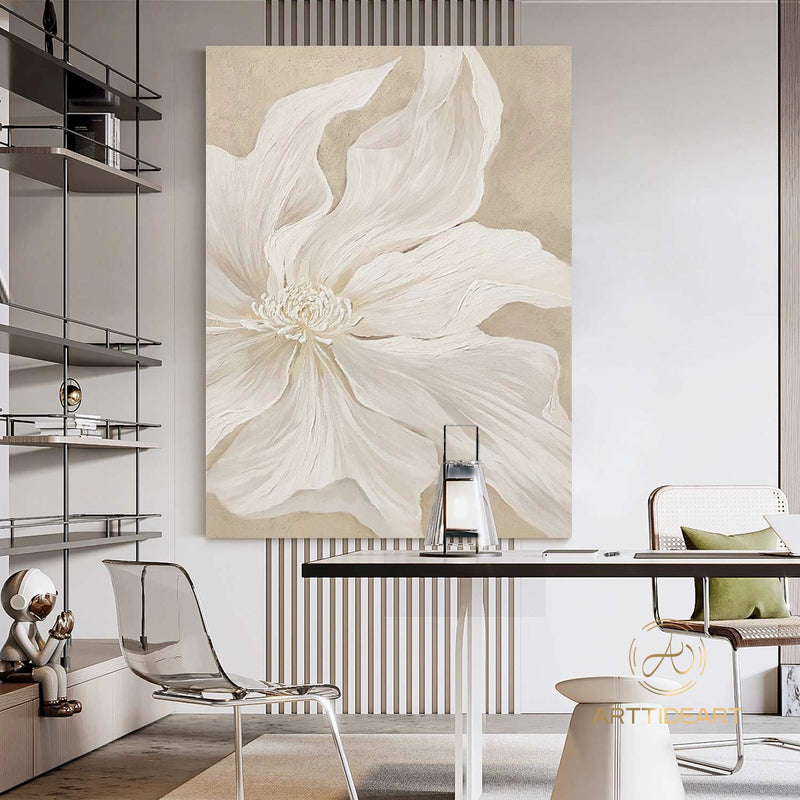 Original White Flower Oil Painting on Canvas,Large Wall Art,Abstract Floral Painting,Minimalist Art,Custom Painting,Living Room Decor Gift