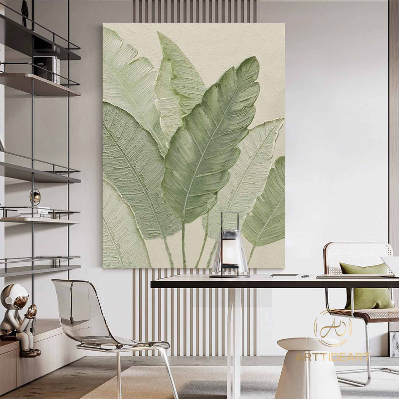 Large Green Leaf Textured Painting on Canvas Green Minimalist Wall Art Leaf Landscape Painting Green Minimalist Painting Boho Wall Art Decor