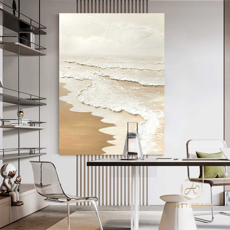 Beach Ocean Waves Abstract Painting Wabi Sabi Wall Art 3D Beige Minimalist Painting Ocean Wave Painting on Canvas Textured Wall Art