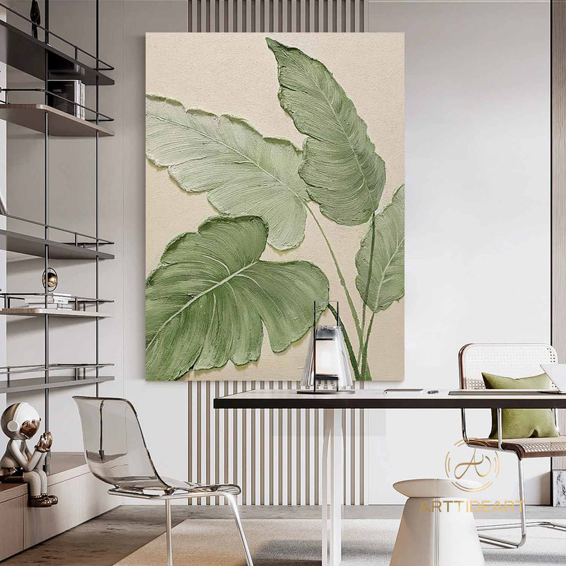 Original Green Leaf Painting Green Acrylic Canvas Framed Wall Art Hand Painted Leaf Landscape Oil Painting Living Room Home Wall Art Decor